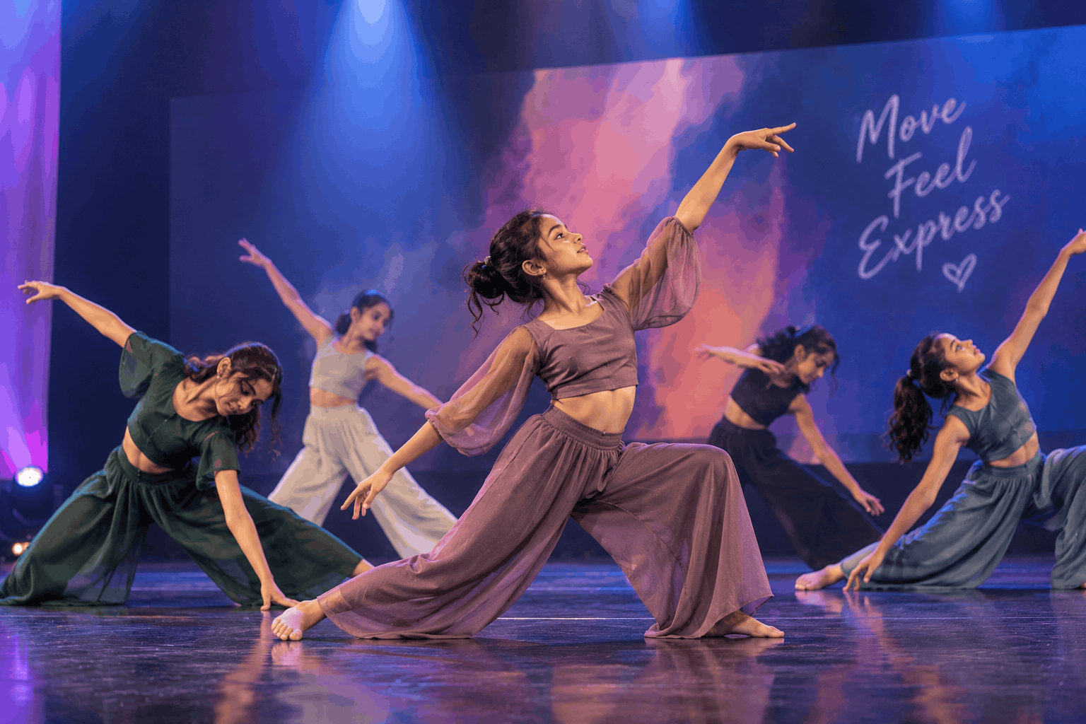 Contemporary dancers in a flowing group piece on stage