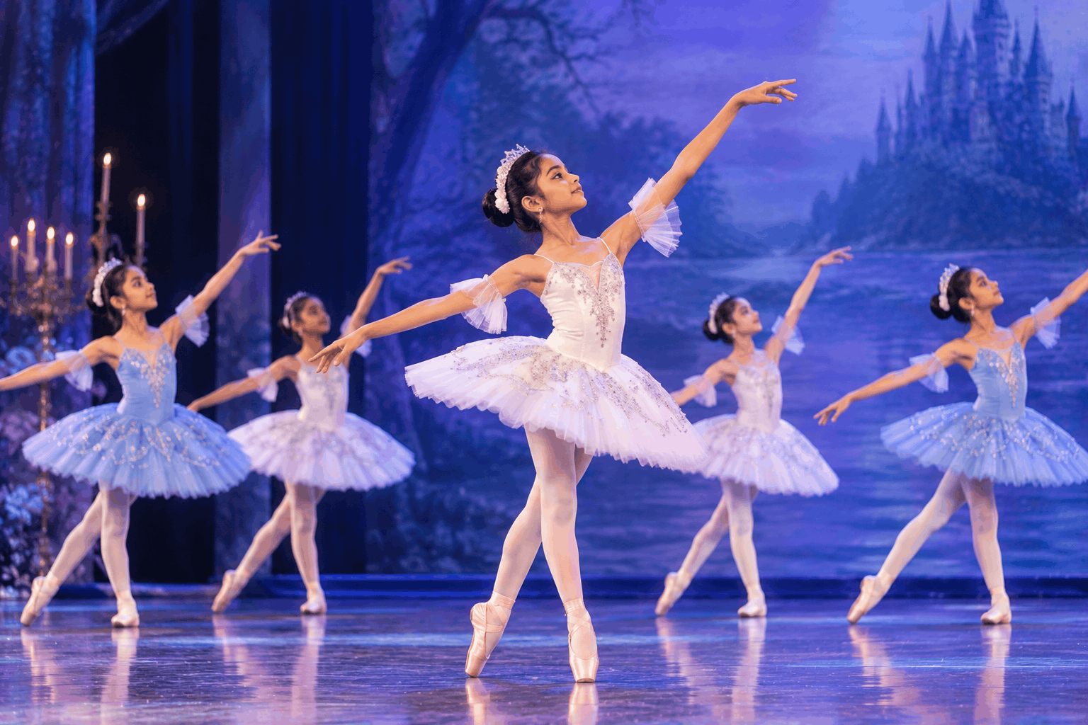 Young ballerinas in pastel tutus dancing on a stage