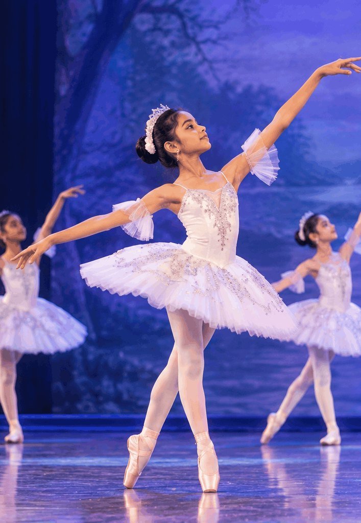 Young ballerinas in pastel tutus dancing on a stage