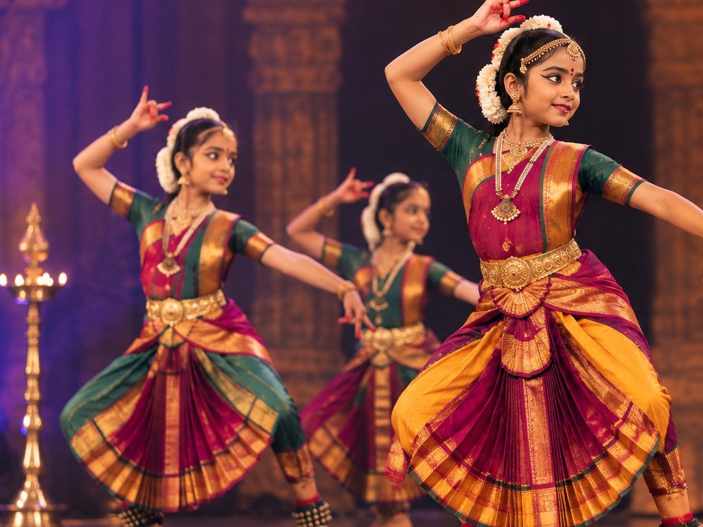 Girls performing Bharatanatyam in traditional costumes