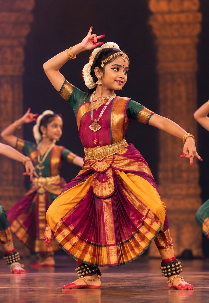 Girls performing Bharatanatyam in traditional costumes