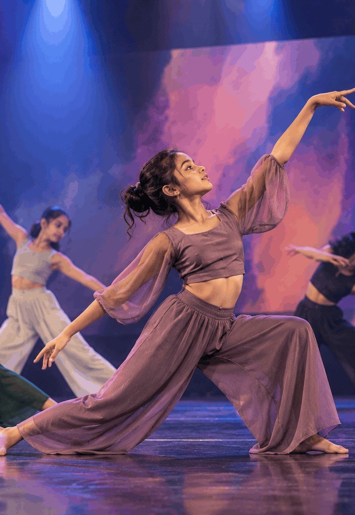 Contemporary dancers in a flowing group piece on stage