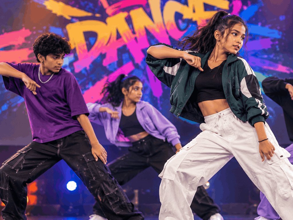 Young dancers in colourful streetwear on stage