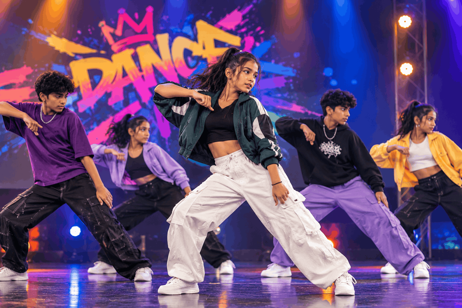Young dancers in colourful streetwear on stage