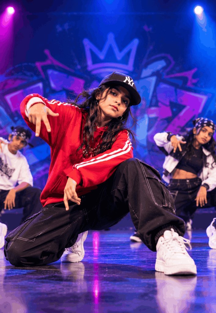 Hip-hop crew dancing under stage lights