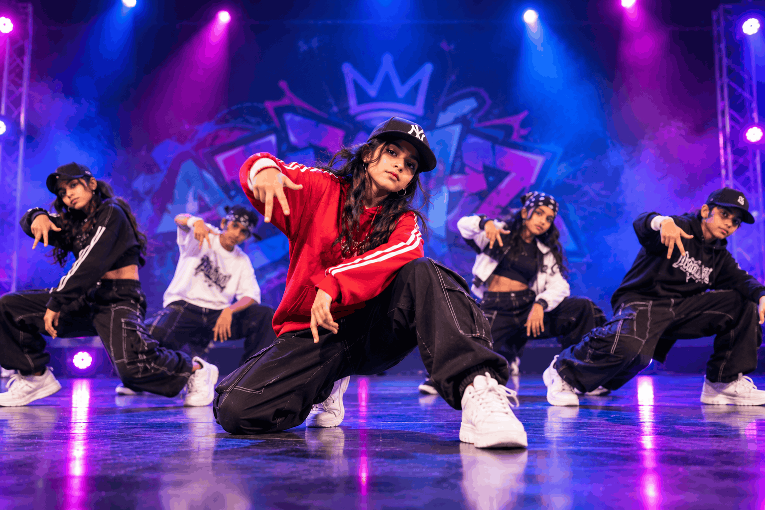 Hip-hop crew dancing under stage lights