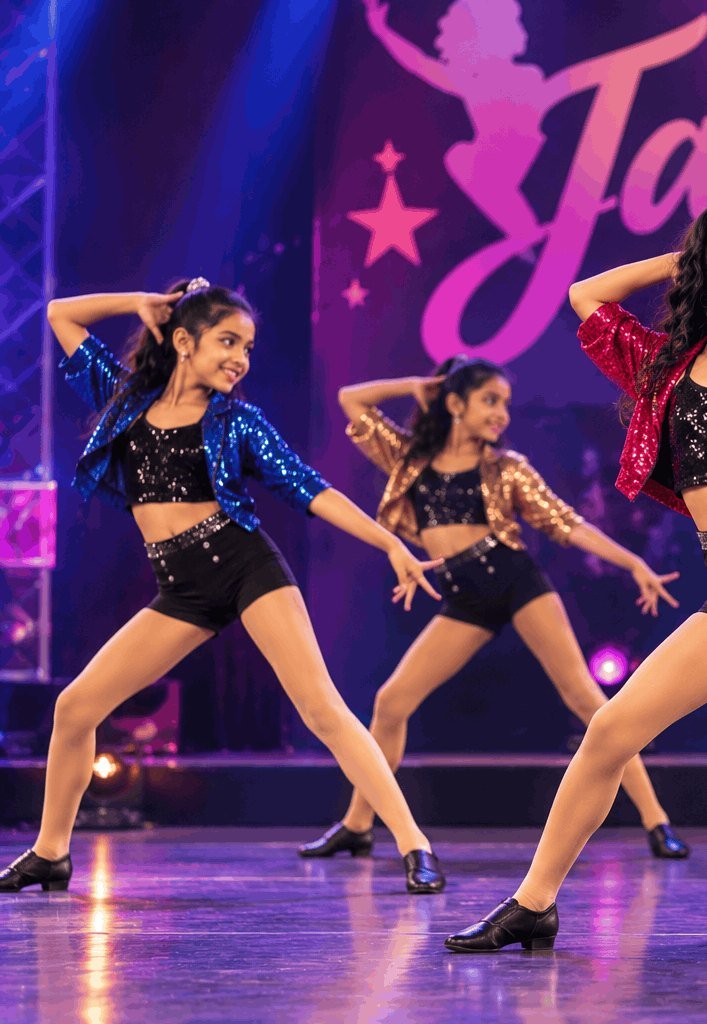 Jazz dancers in sparkly outfits on stage