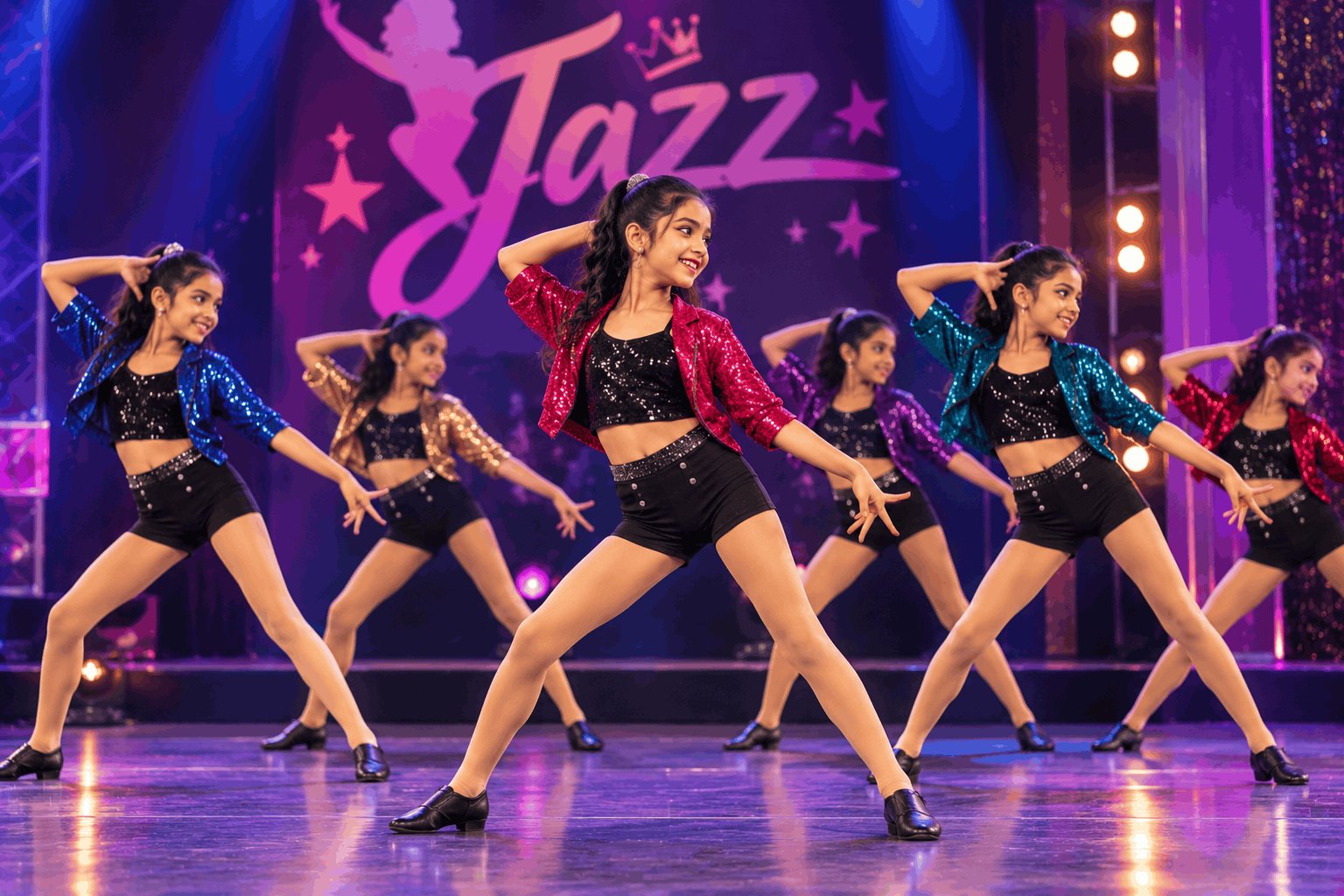 Jazz dancers in sparkly outfits on stage