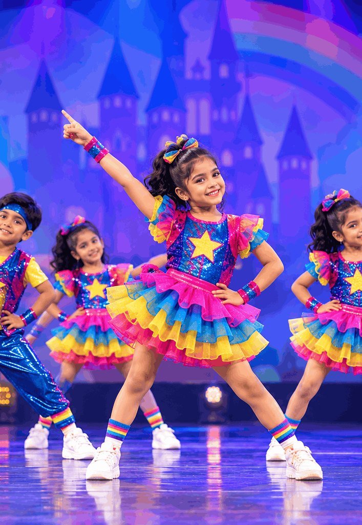 Children in colourful costumes on a rainbow stage
