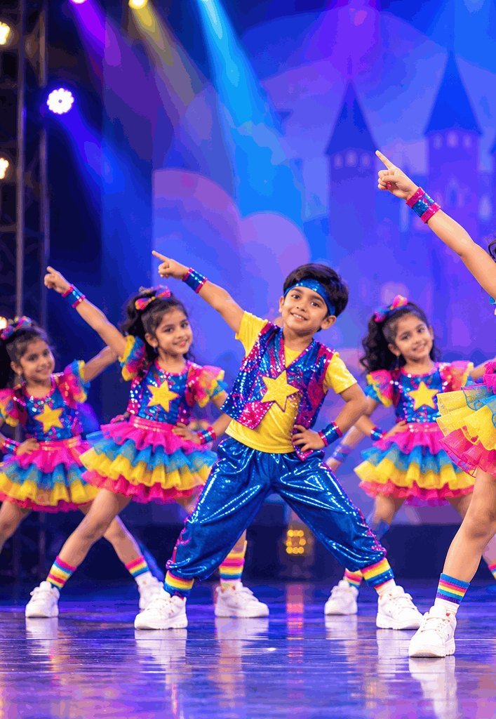 Children in colourful costumes on a rainbow stage