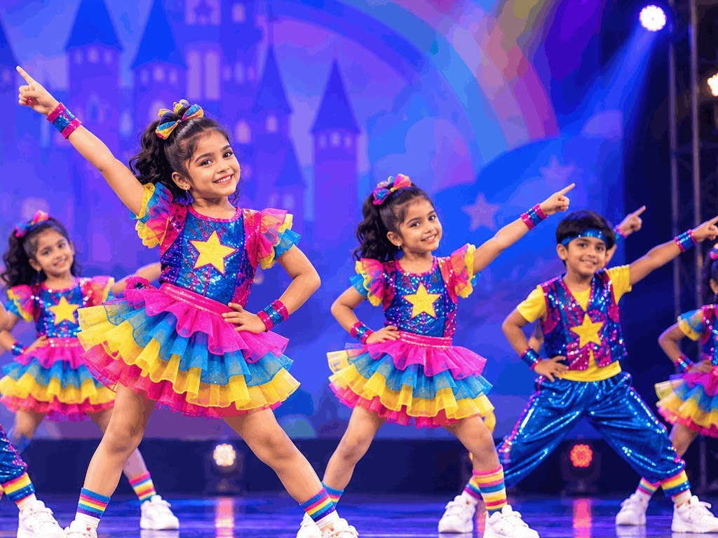 Children in colourful costumes on a rainbow stage