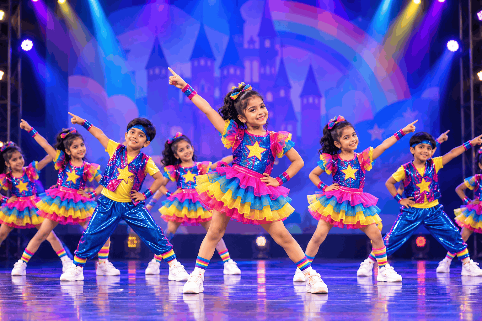 Children in colourful costumes on a rainbow stage