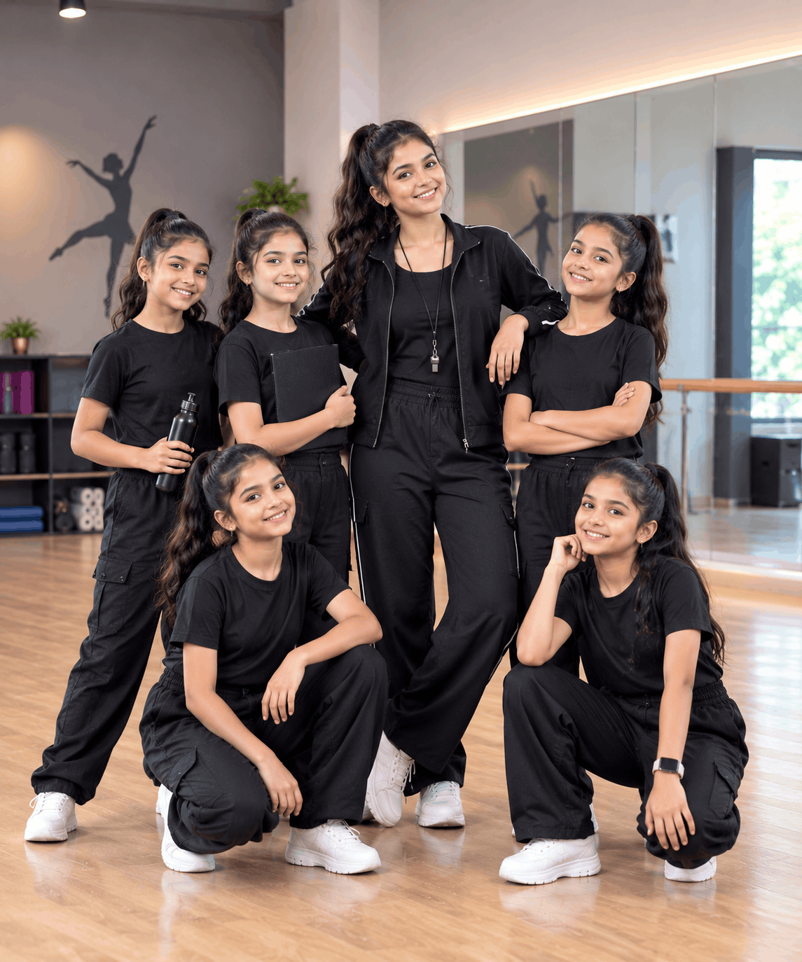 Teacher and students posing in a dance studio