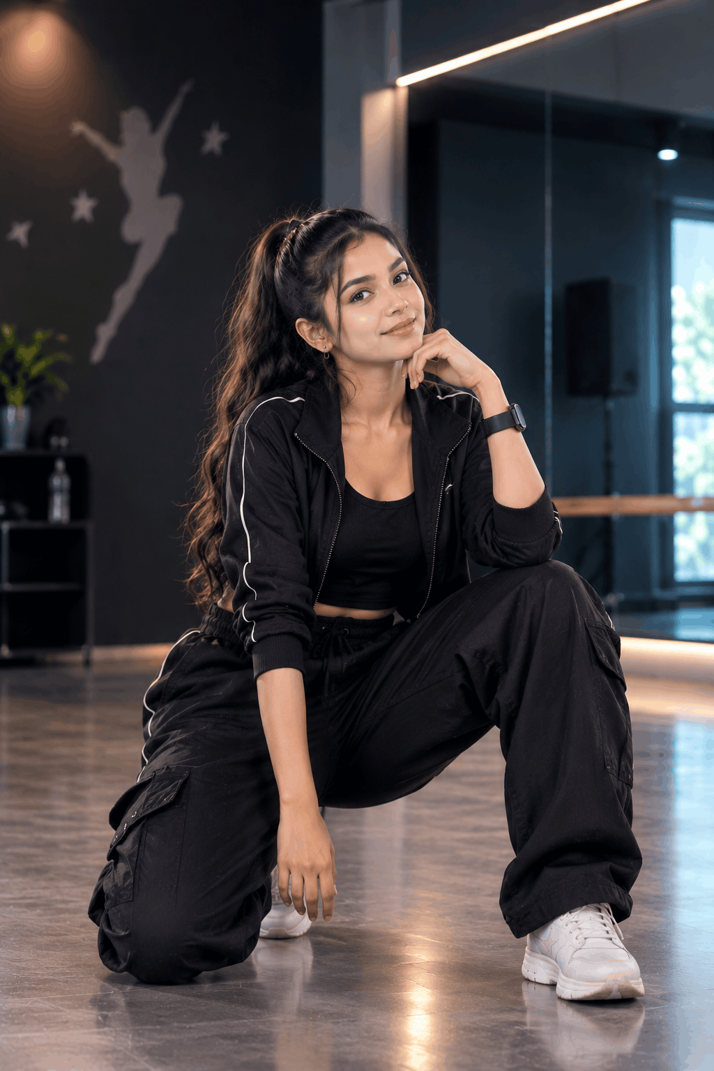 Dance teacher crouching in a bright studio