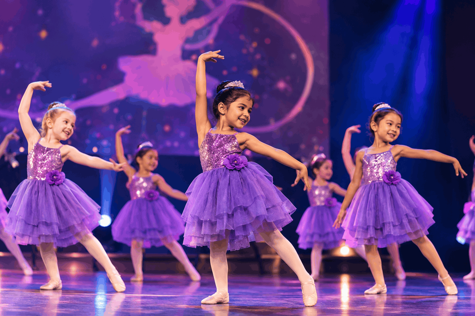 Little ballet dancers in lilac tutus on stage