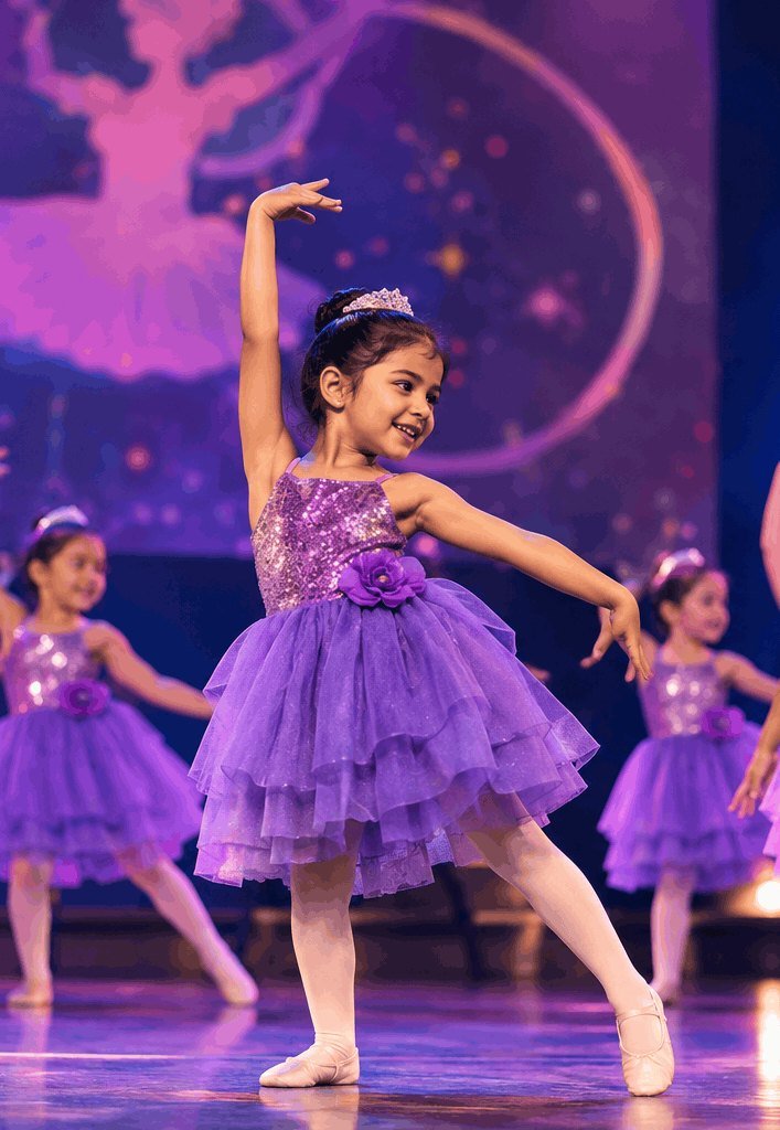 Little ballet dancers in lilac tutus on stage