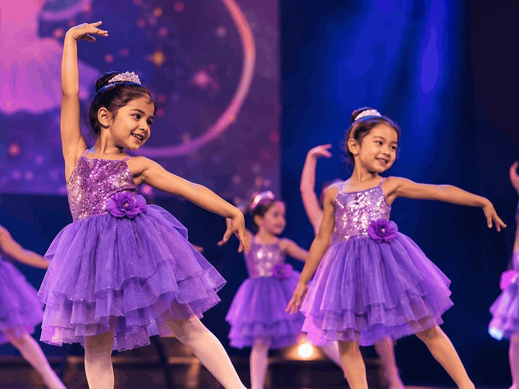 Little ballet dancers in lilac tutus on stage